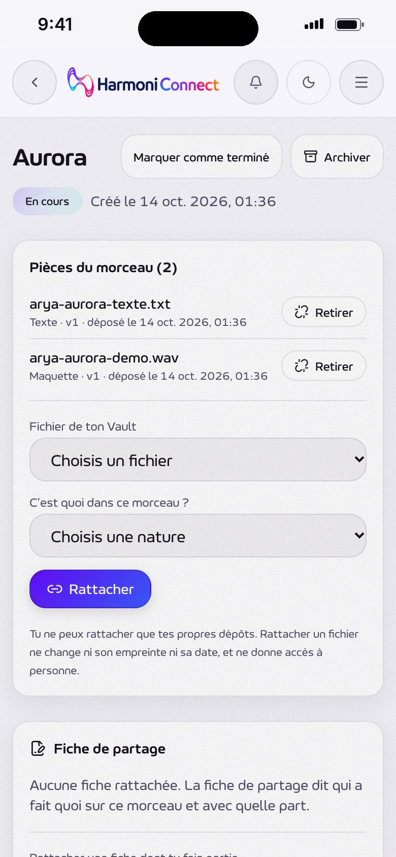 La chronologie d'un morceau : les dépôts, les fichiers rattachés et la fiche de répartition.