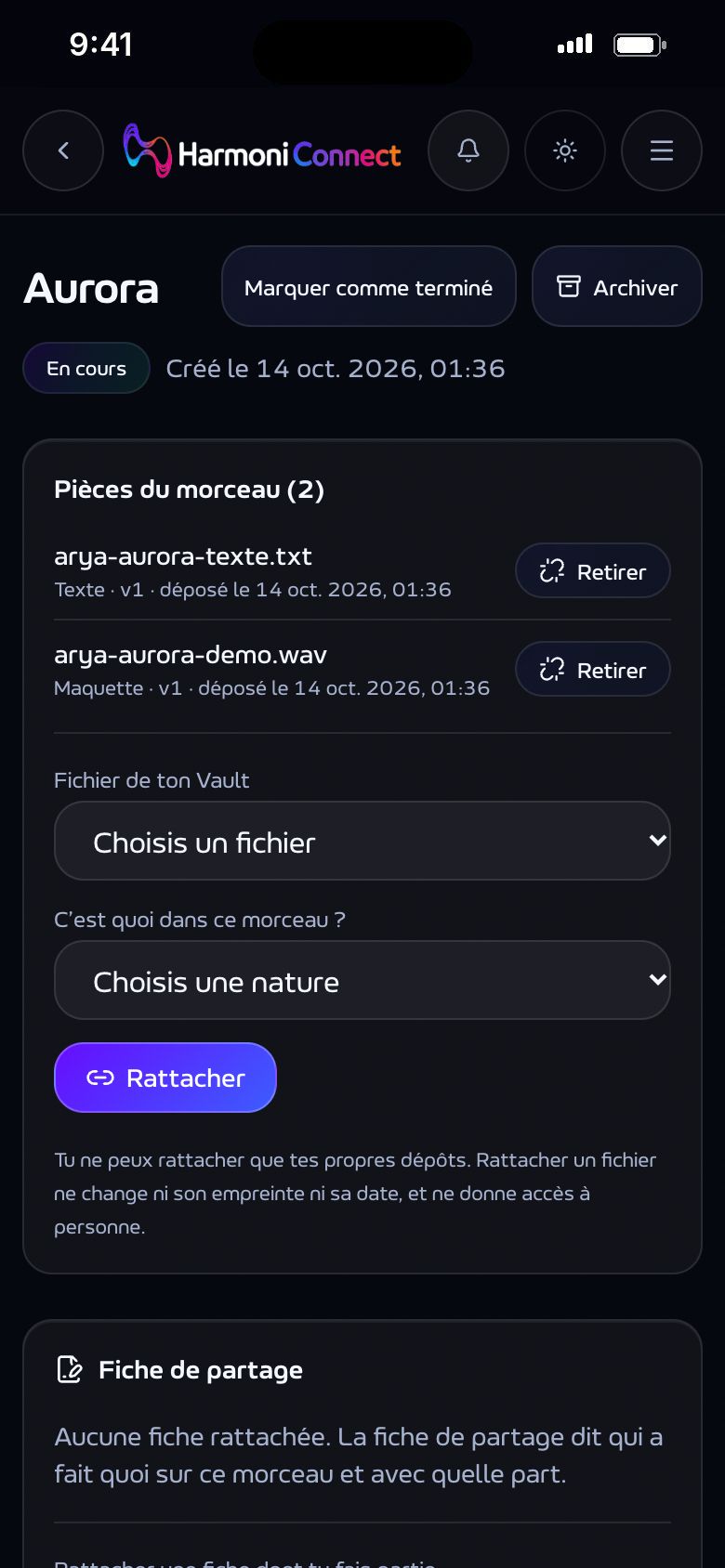 La chronologie d'un morceau : les dépôts, les fichiers rattachés et la fiche de répartition.