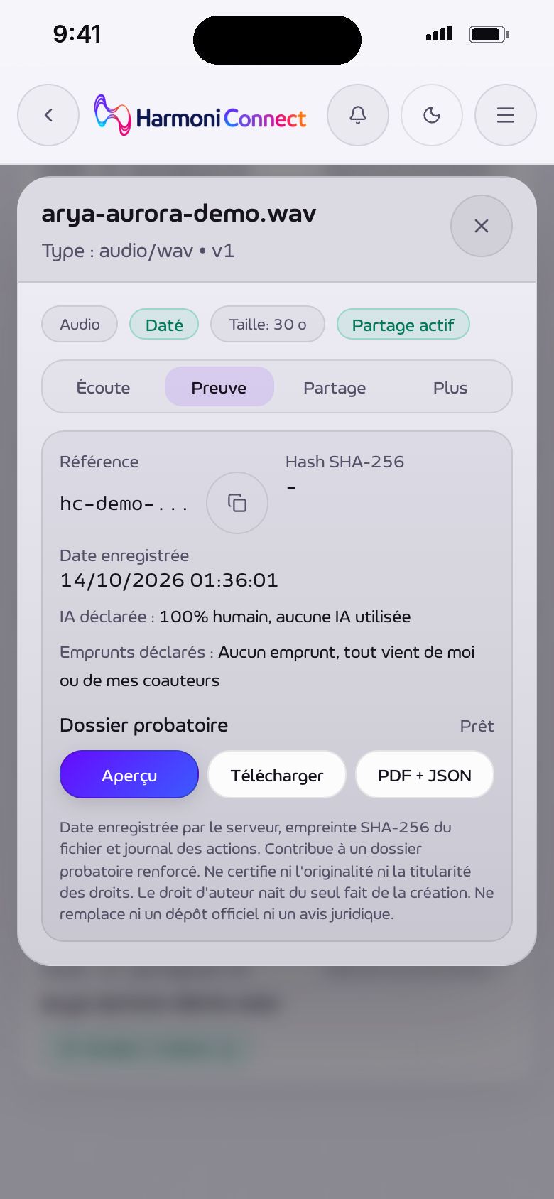 La fiche d'un fichier : son empreinte SHA-256, la date enregistrée et le dossier à télécharger.