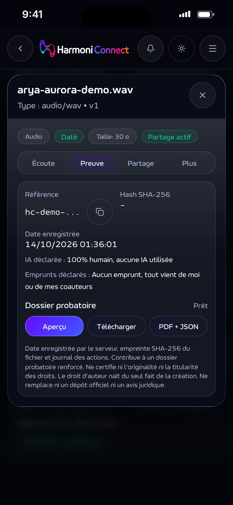 La fiche d'un fichier : son empreinte SHA-256, la date enregistrée et le dossier à télécharger.