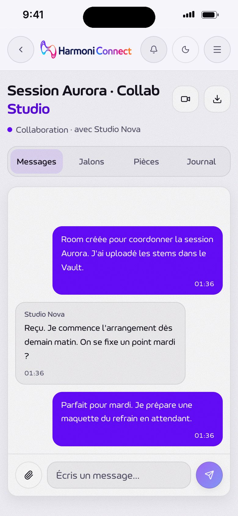 Un dossier projet : ses participants, l'appel et les messages de la collaboration.