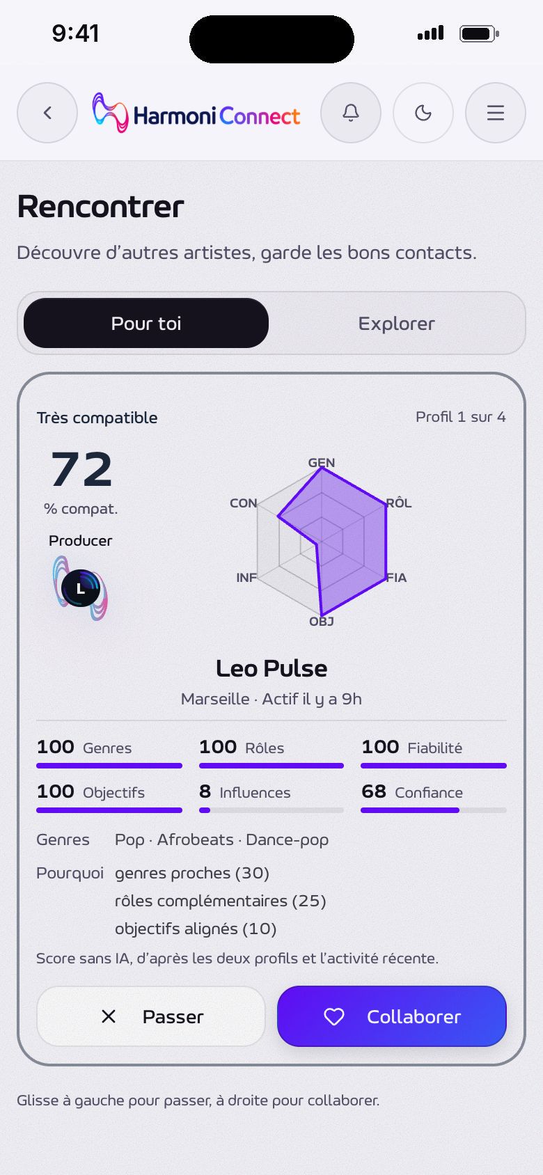 Une suggestion de profil, son score de compatibilité et la raison de la suggestion.