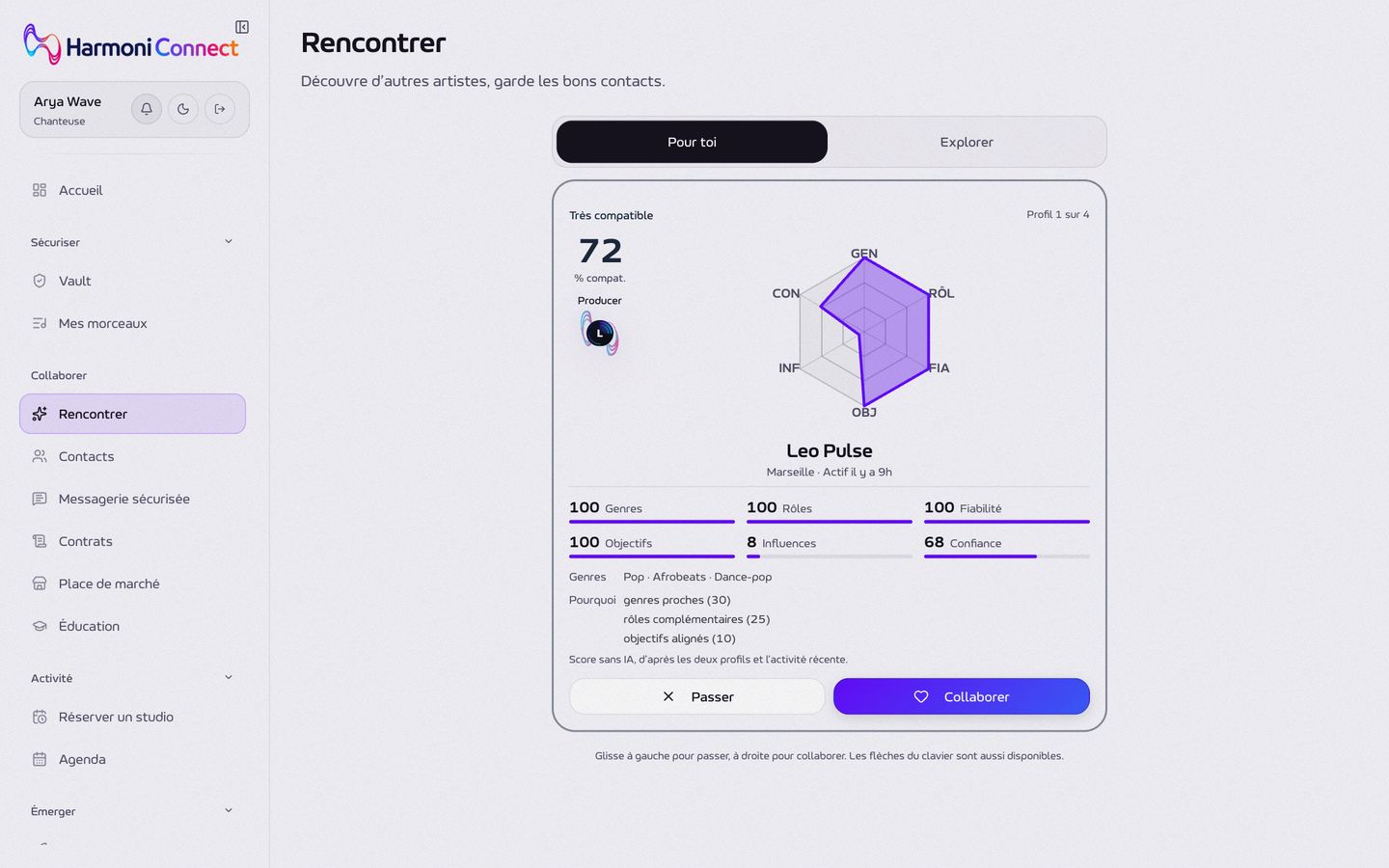 Une suggestion de profil, son score de compatibilité et la raison de la suggestion.