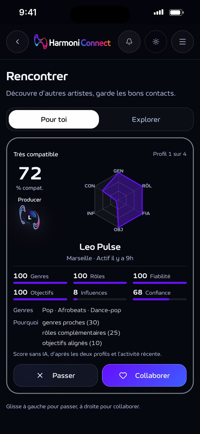Une suggestion de profil, son score de compatibilité et la raison de la suggestion.