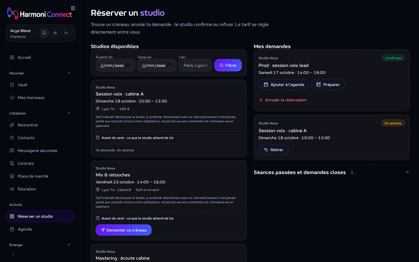 Un créneau de studio : le lieu, le tarif et ce que le studio attend.