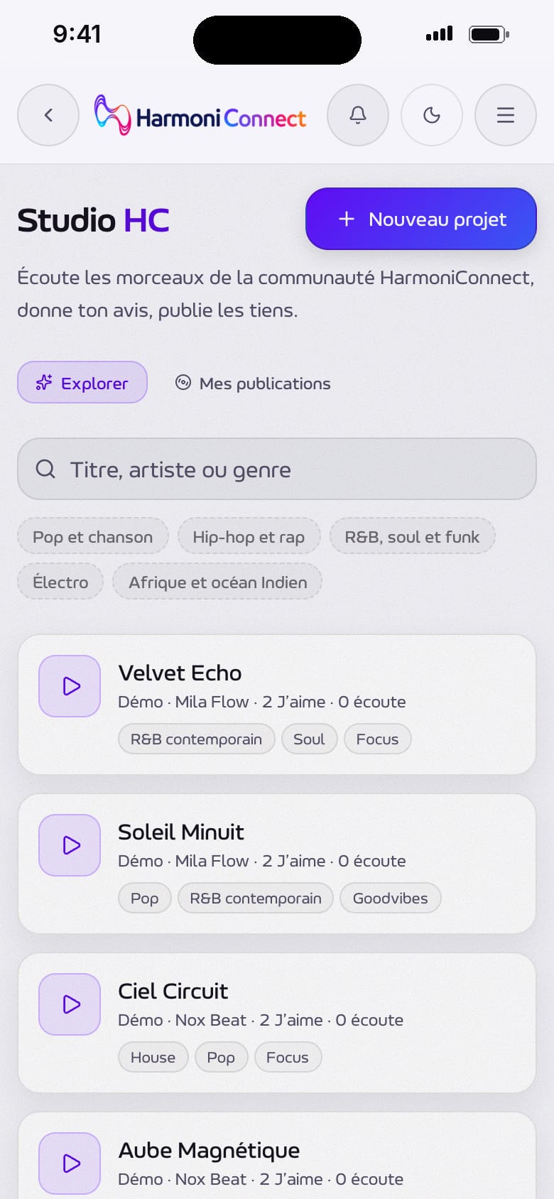 Studio HC : les titres publiés par la communauté, avec leurs écoutes et leurs J'aime.