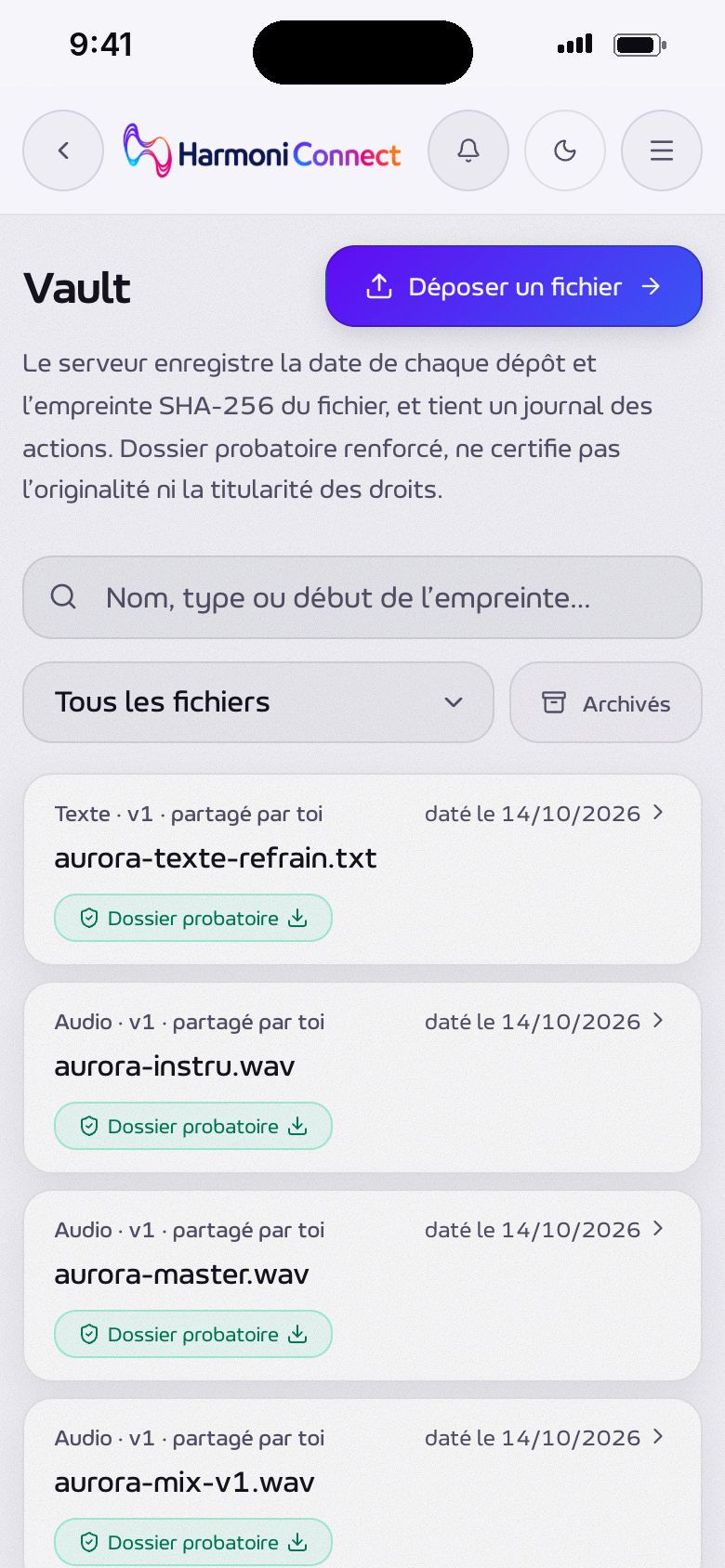 Le Vault : chaque fichier déposé avec sa date et son dossier probatoire.
