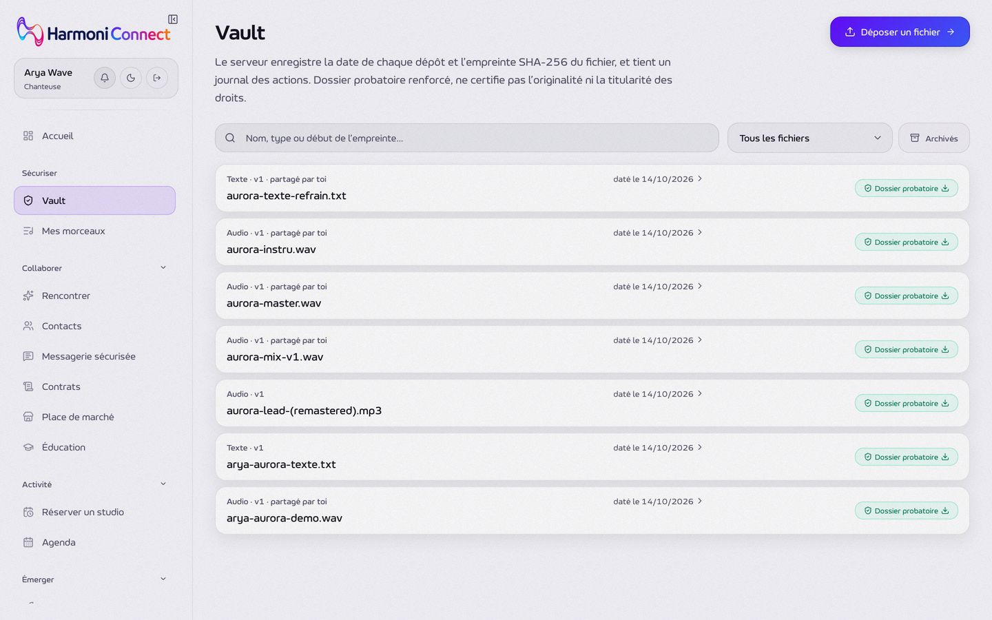Le Vault : chaque fichier déposé avec sa date et son dossier probatoire.