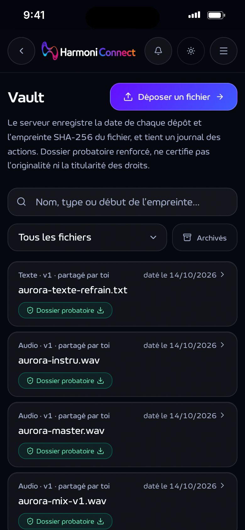 Le Vault : chaque fichier déposé avec sa date et son dossier probatoire.