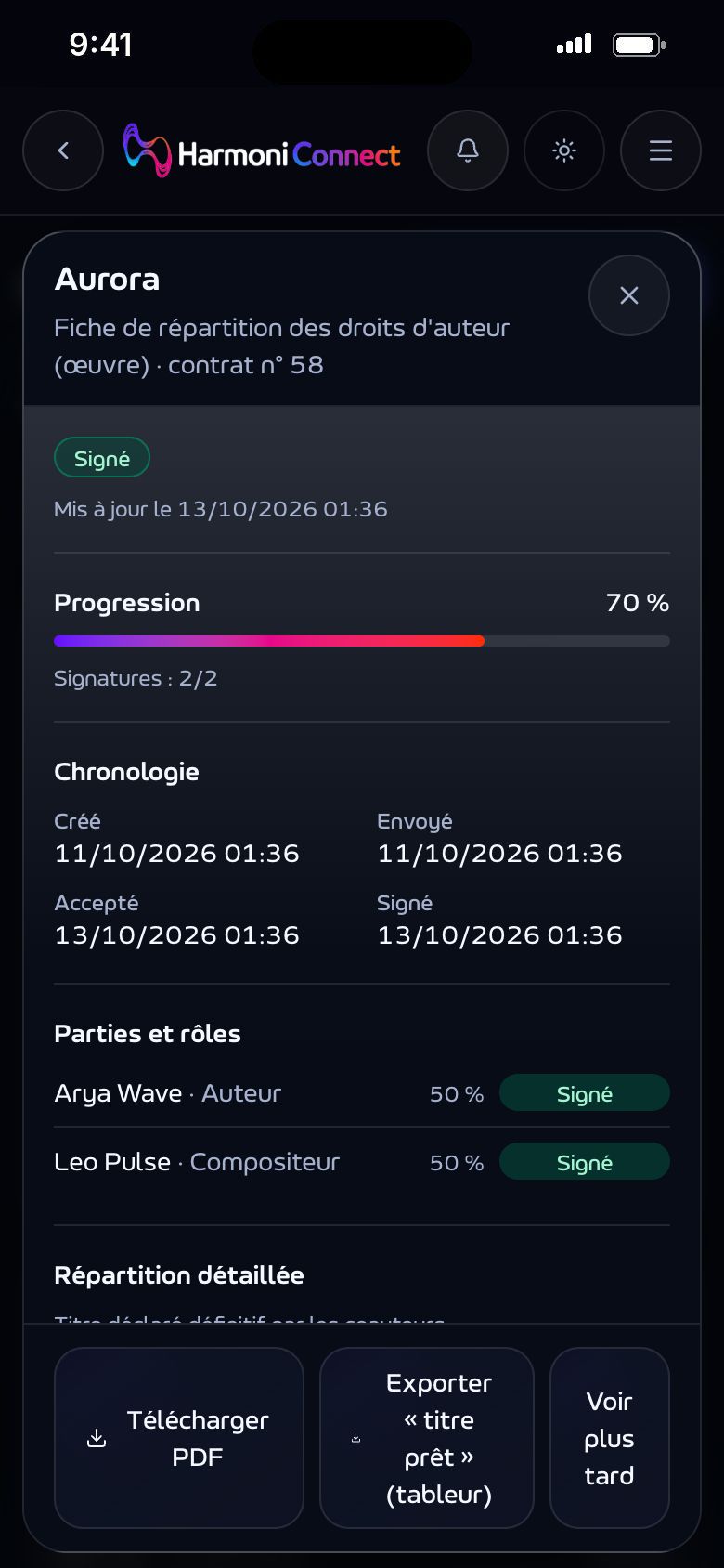 Une fiche de répartition signée : l'auteur et le compositeur, 50 % chacun.