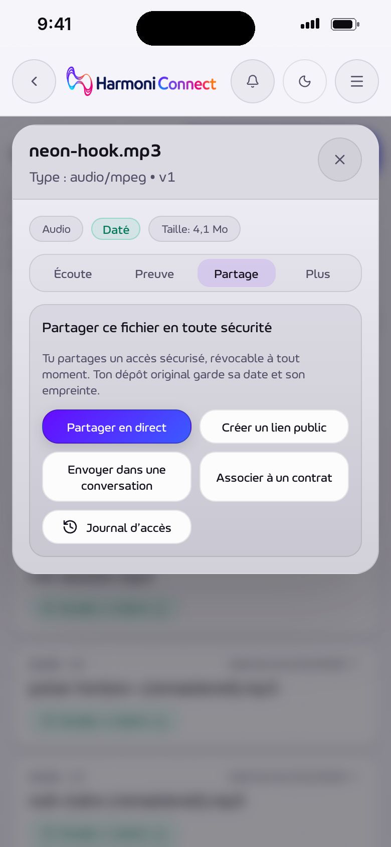Le partage d'un fichier du Vault : en direct, par lien ou dans une conversation.