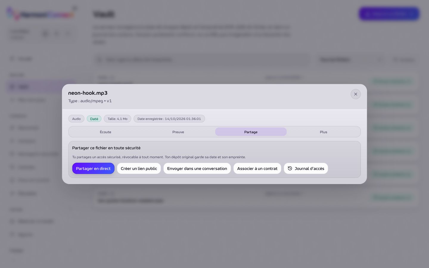 Le partage d'un fichier du Vault : en direct, par lien ou dans une conversation.
