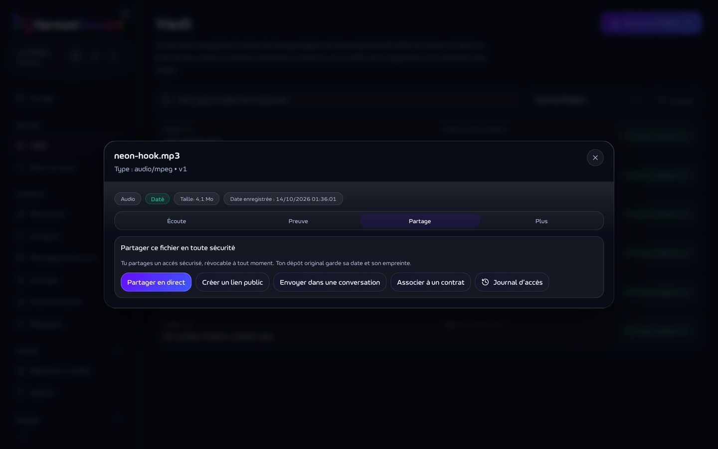Le partage d'un fichier du Vault : en direct, par lien ou dans une conversation.