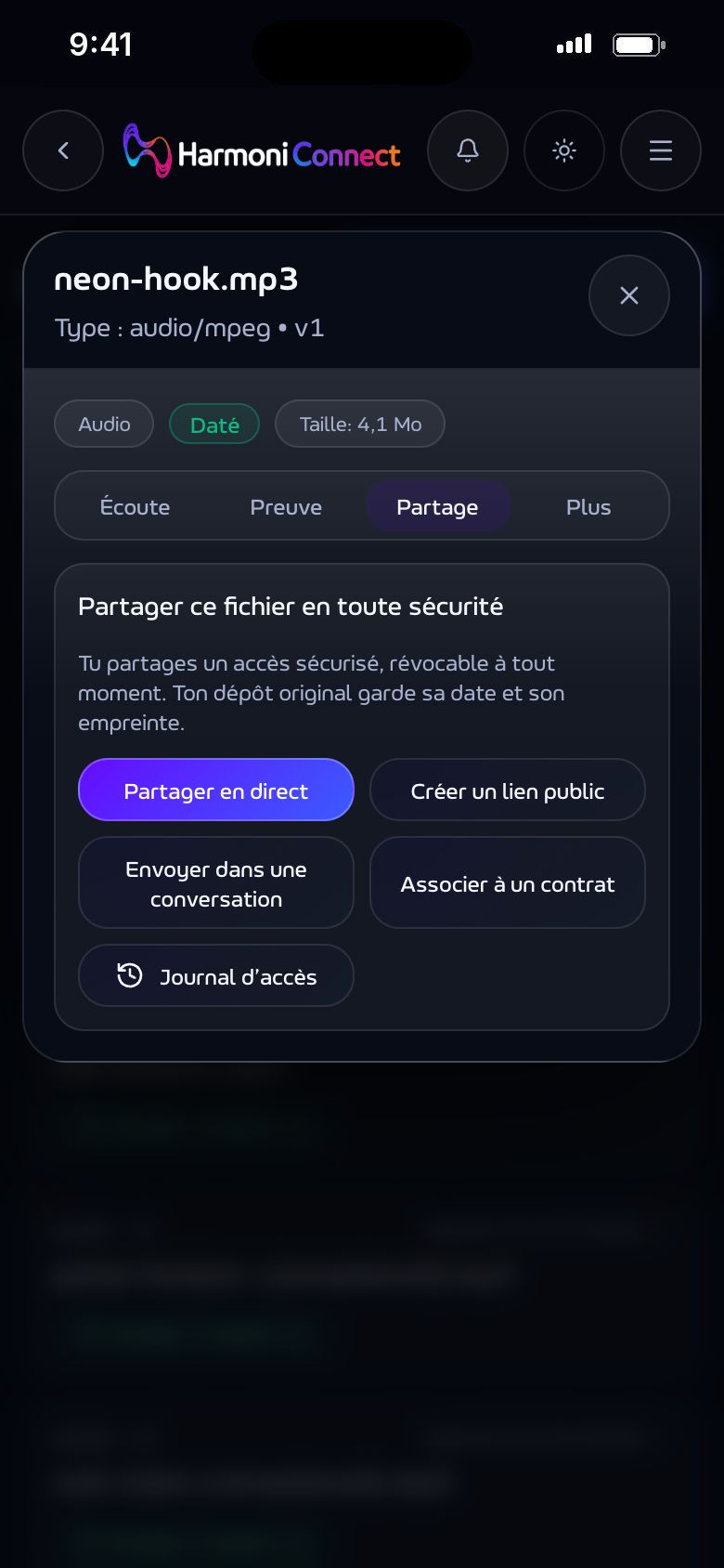 Le partage d'un fichier du Vault : en direct, par lien ou dans une conversation.