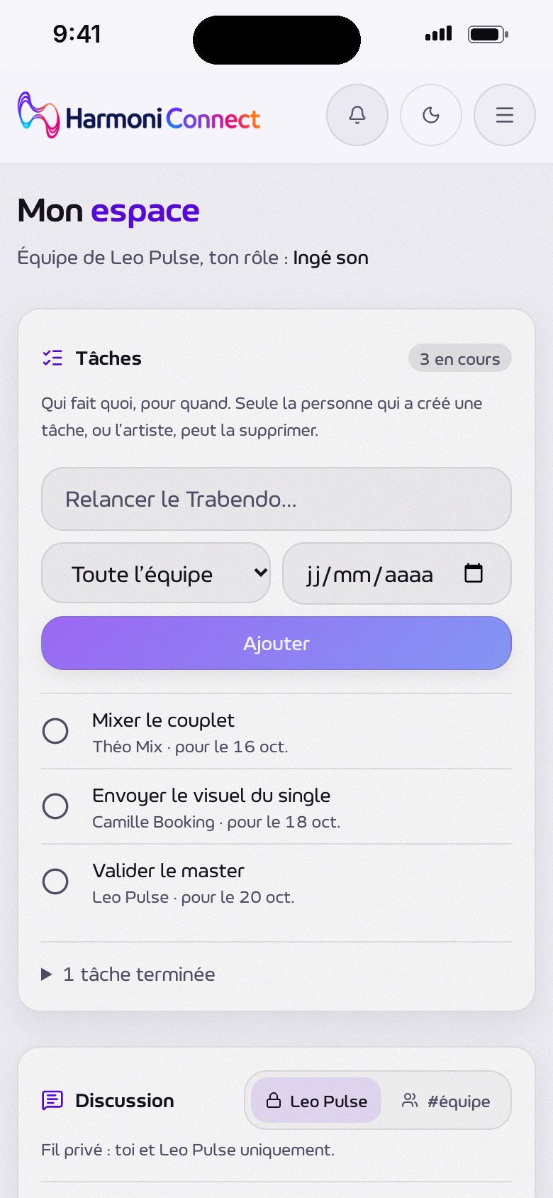 L'espace d'un membre de l'équipe : les tâches datées, chacune avec son échéance et la personne qui s'en charge.
