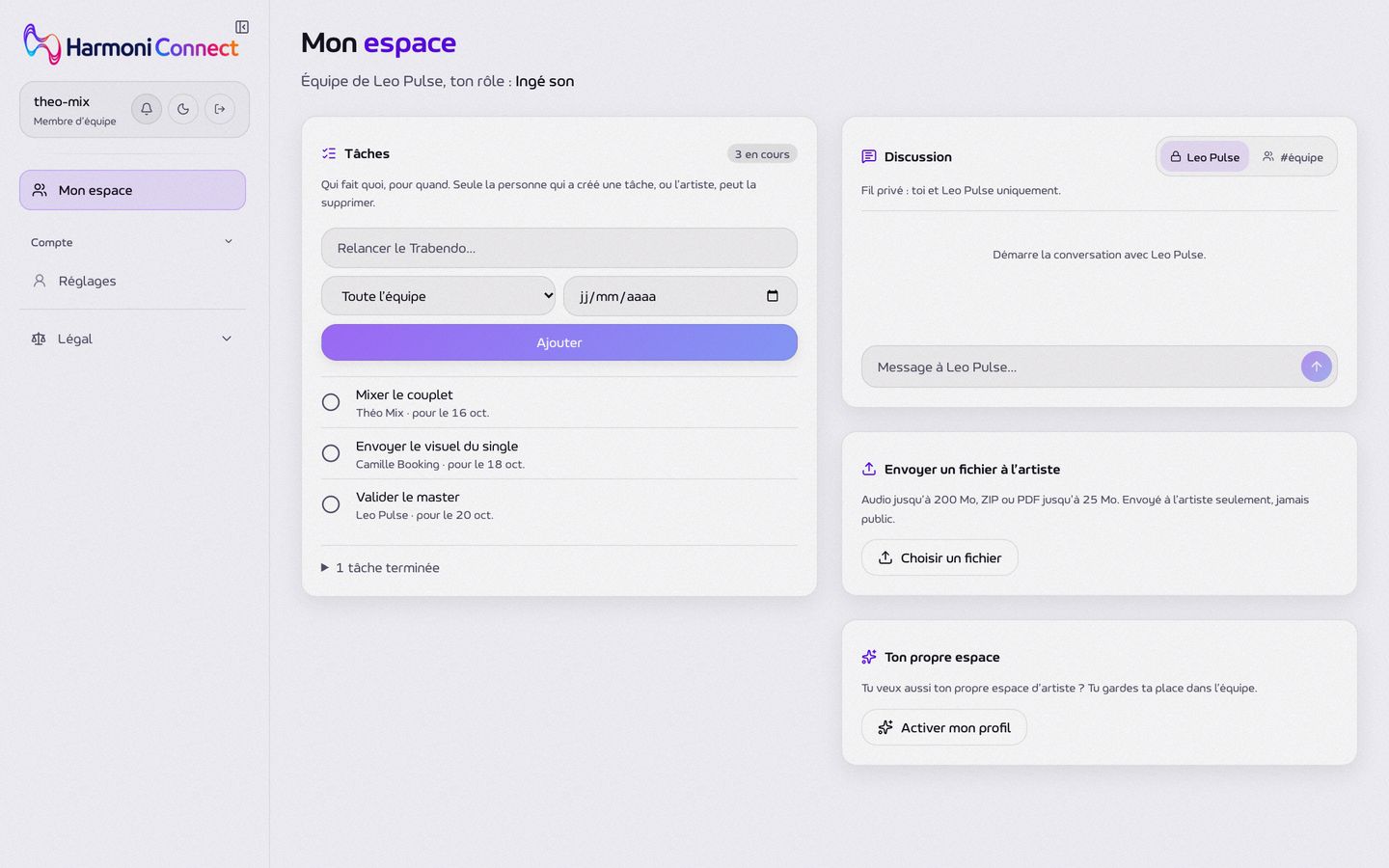 L'espace d'un membre de l'équipe : les tâches datées, chacune avec son échéance et la personne qui s'en charge.