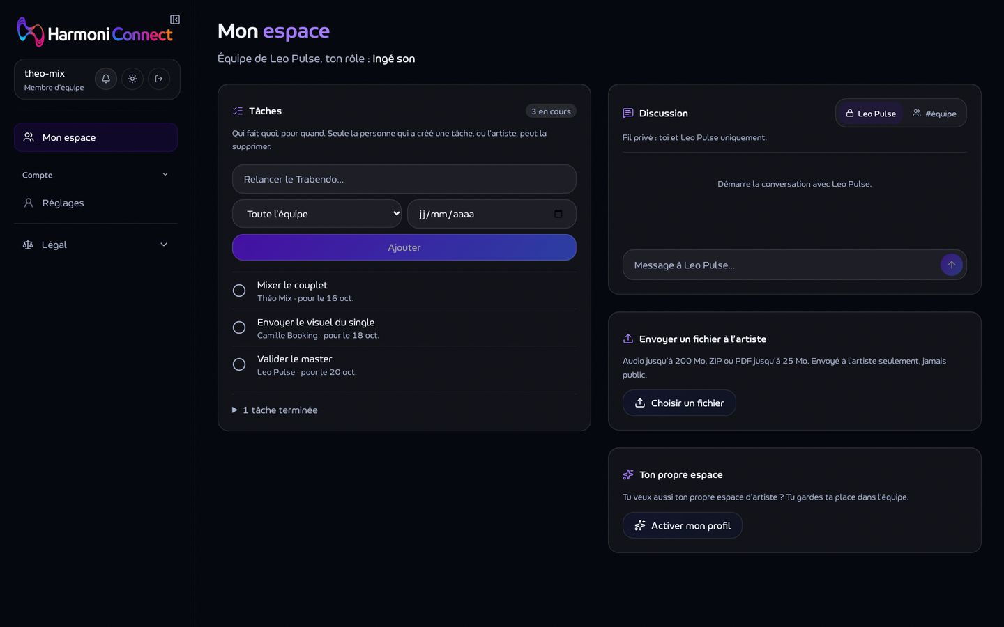 L'espace d'un membre de l'équipe : les tâches datées, chacune avec son échéance et la personne qui s'en charge.