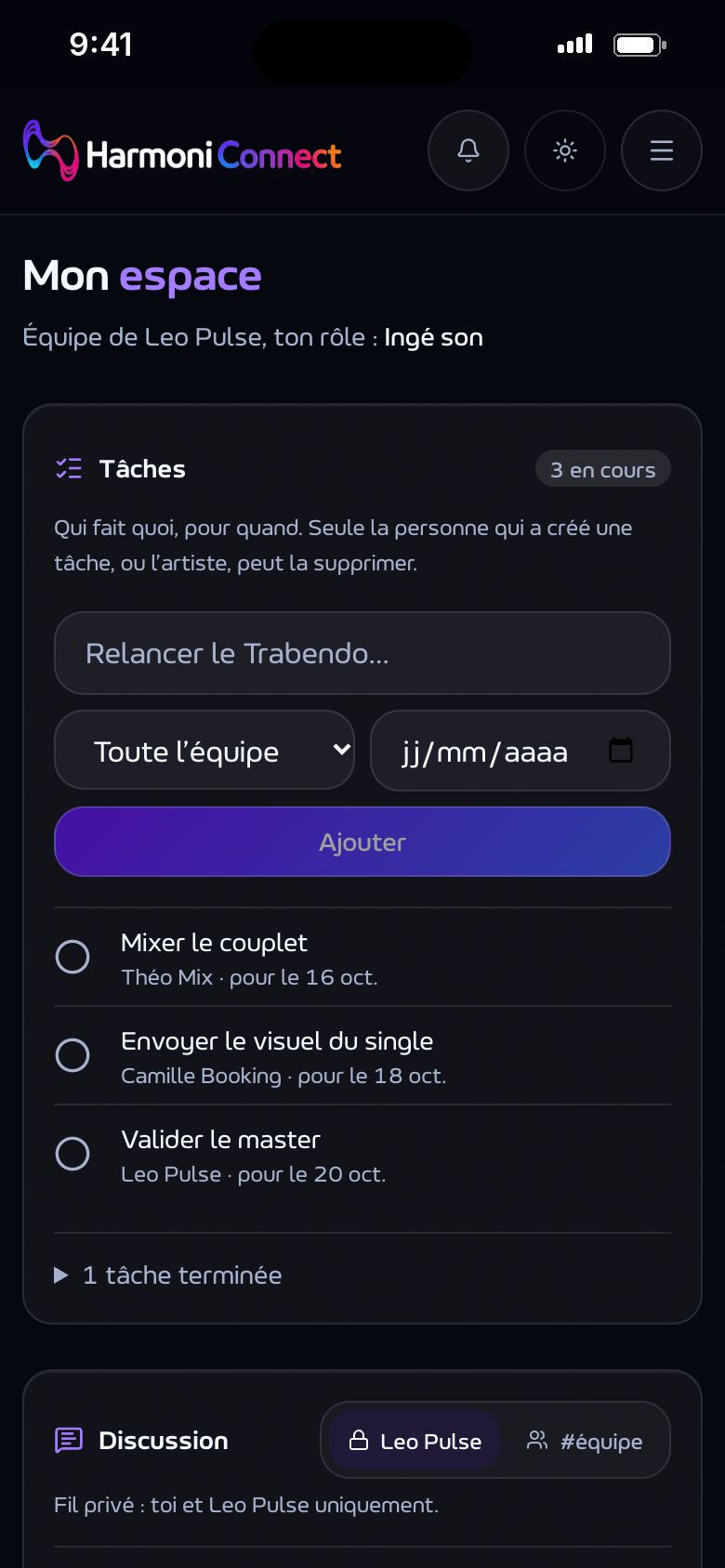 L'espace d'un membre de l'équipe : les tâches datées, chacune avec son échéance et la personne qui s'en charge.