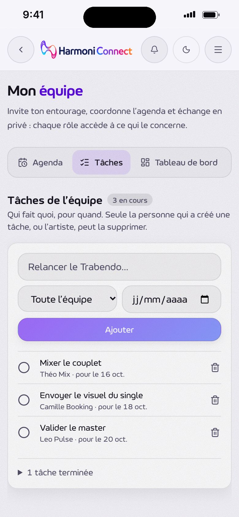 Les tâches de l'équipe : qui fait quoi, pour quand.