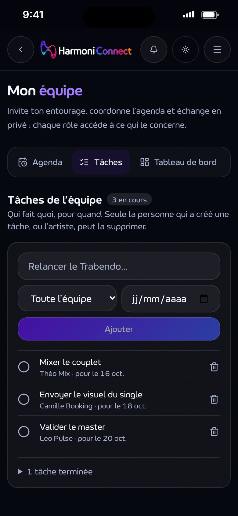 Les tâches de l'équipe : qui fait quoi, pour quand.