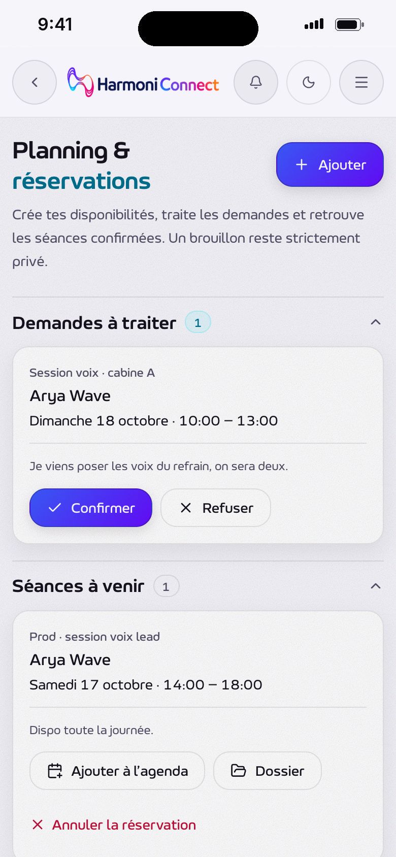 Les demandes à traiter : confirmer ou refuser, puis les séances à venir.
