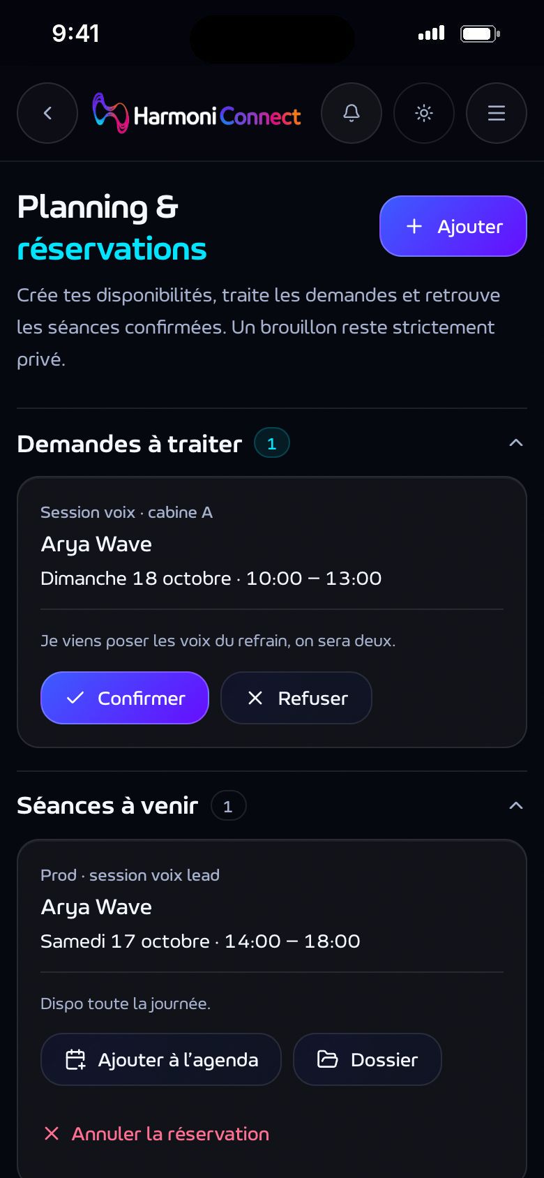 Les demandes à traiter : confirmer ou refuser, puis les séances à venir.