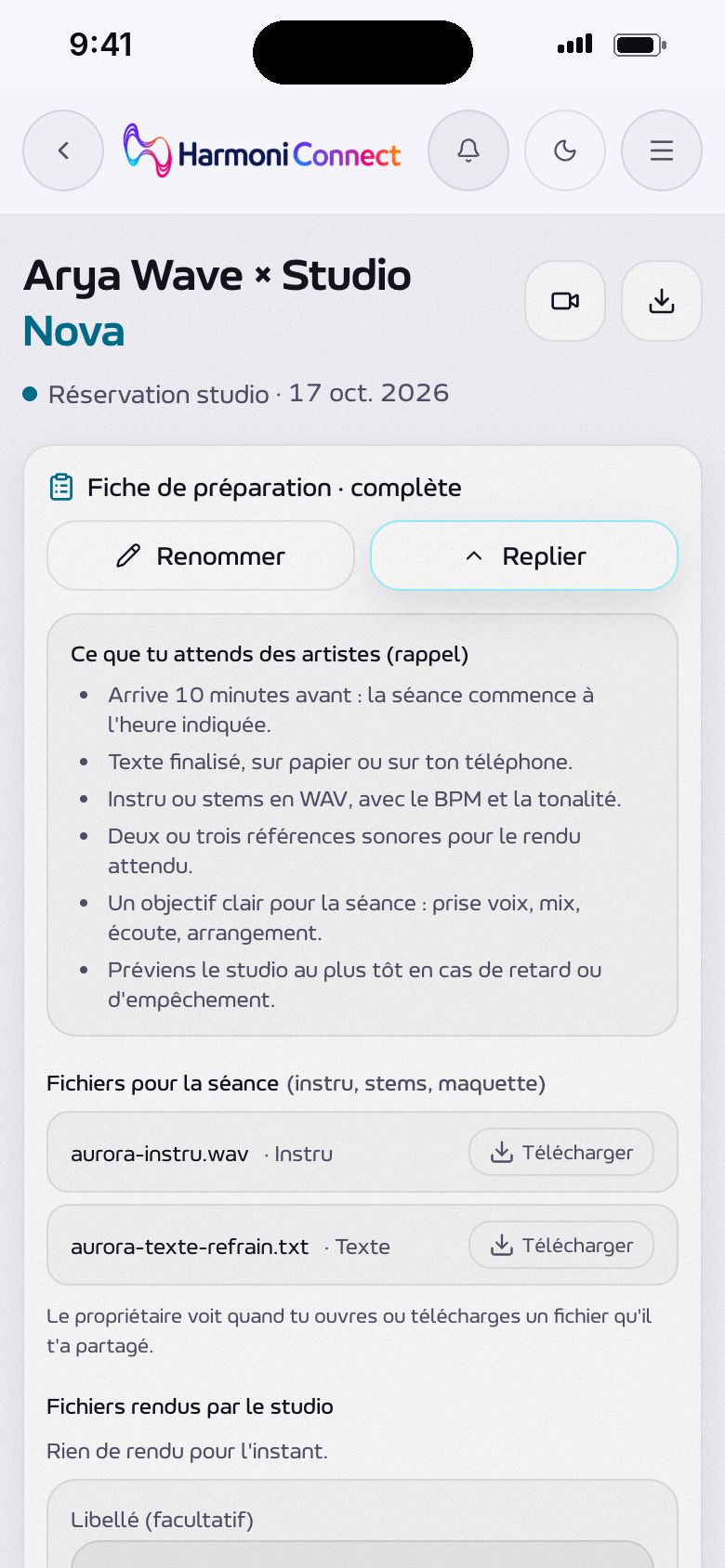 La fiche de préparation : les attentes du studio et les fichiers joints par l'artiste.
