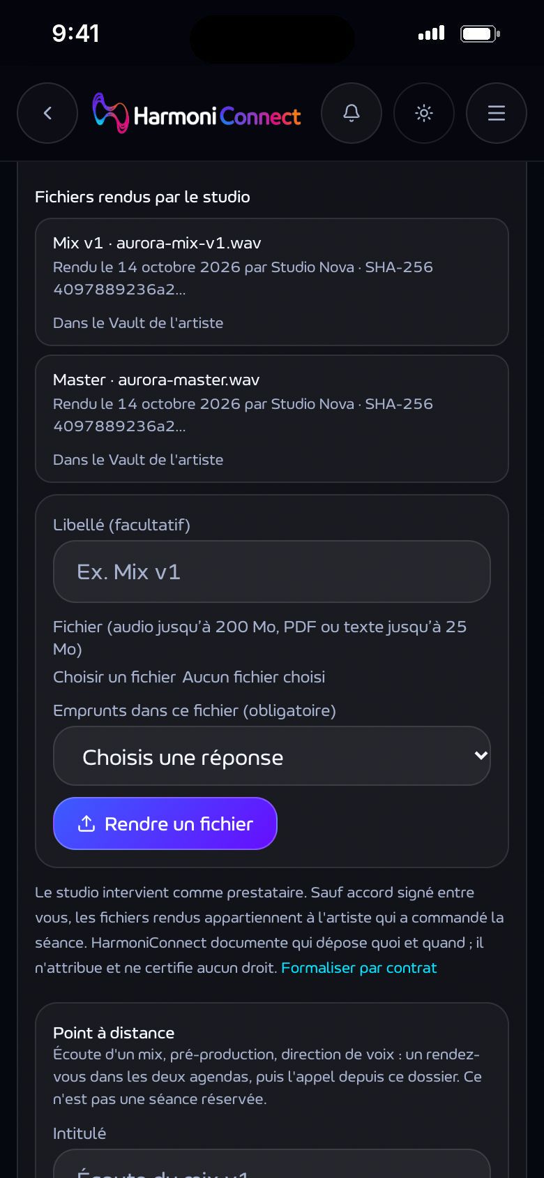 Les fichiers rendus par le studio, datés, dans le Vault de l'artiste.