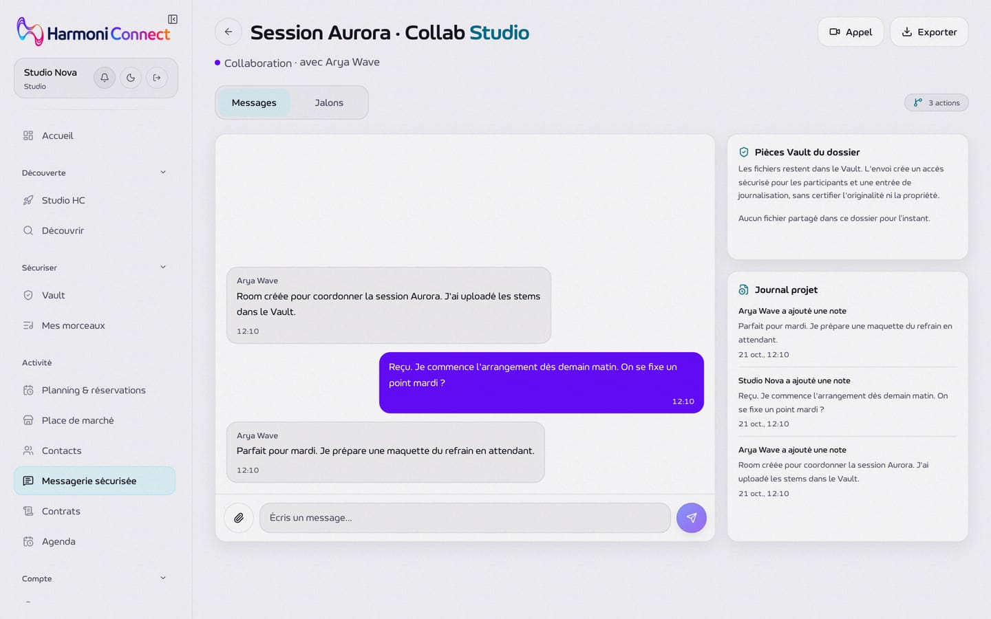Le salon d'un projet : les messages entre l'artiste et le studio.