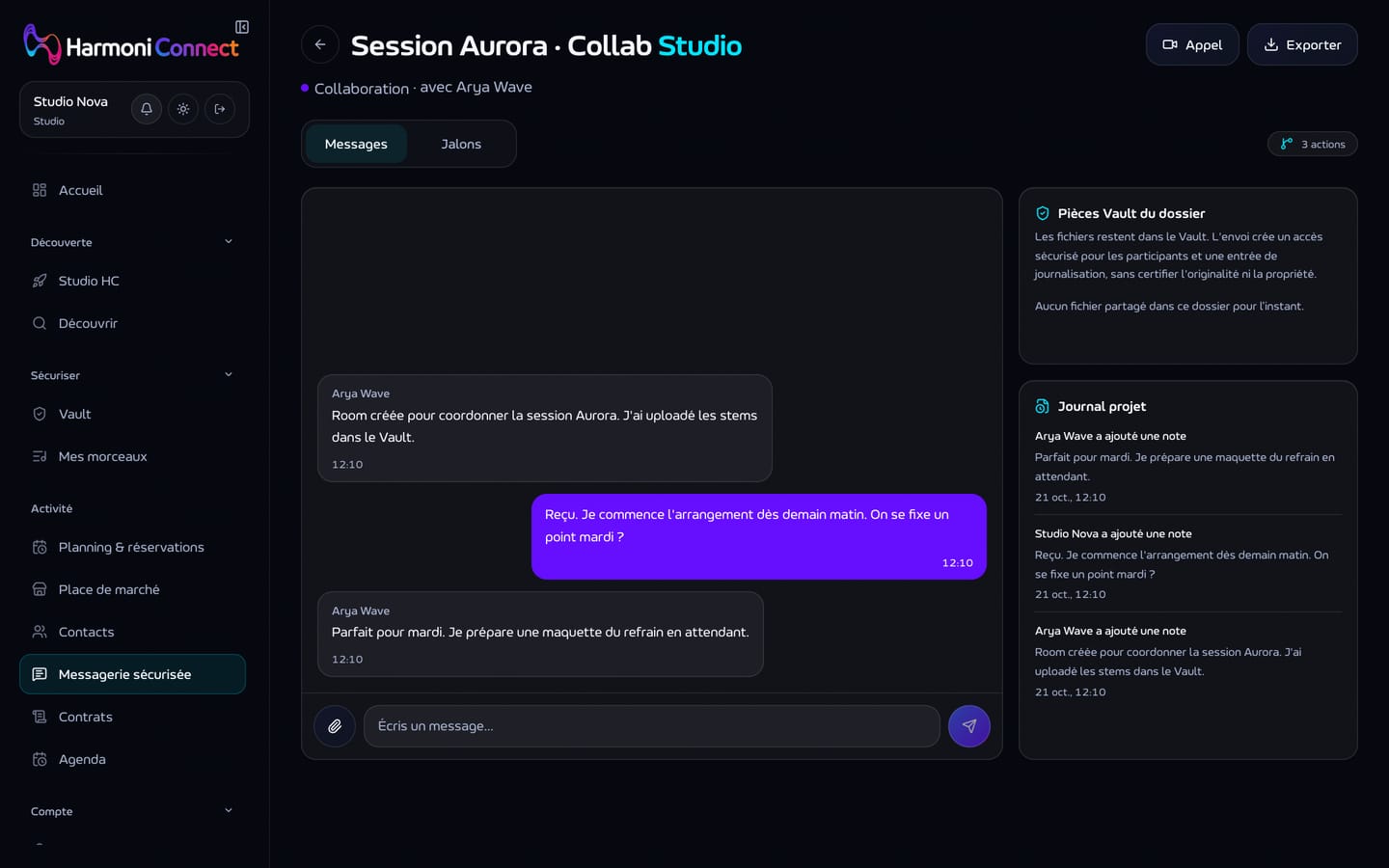 Le salon d'un projet : les messages entre l'artiste et le studio.